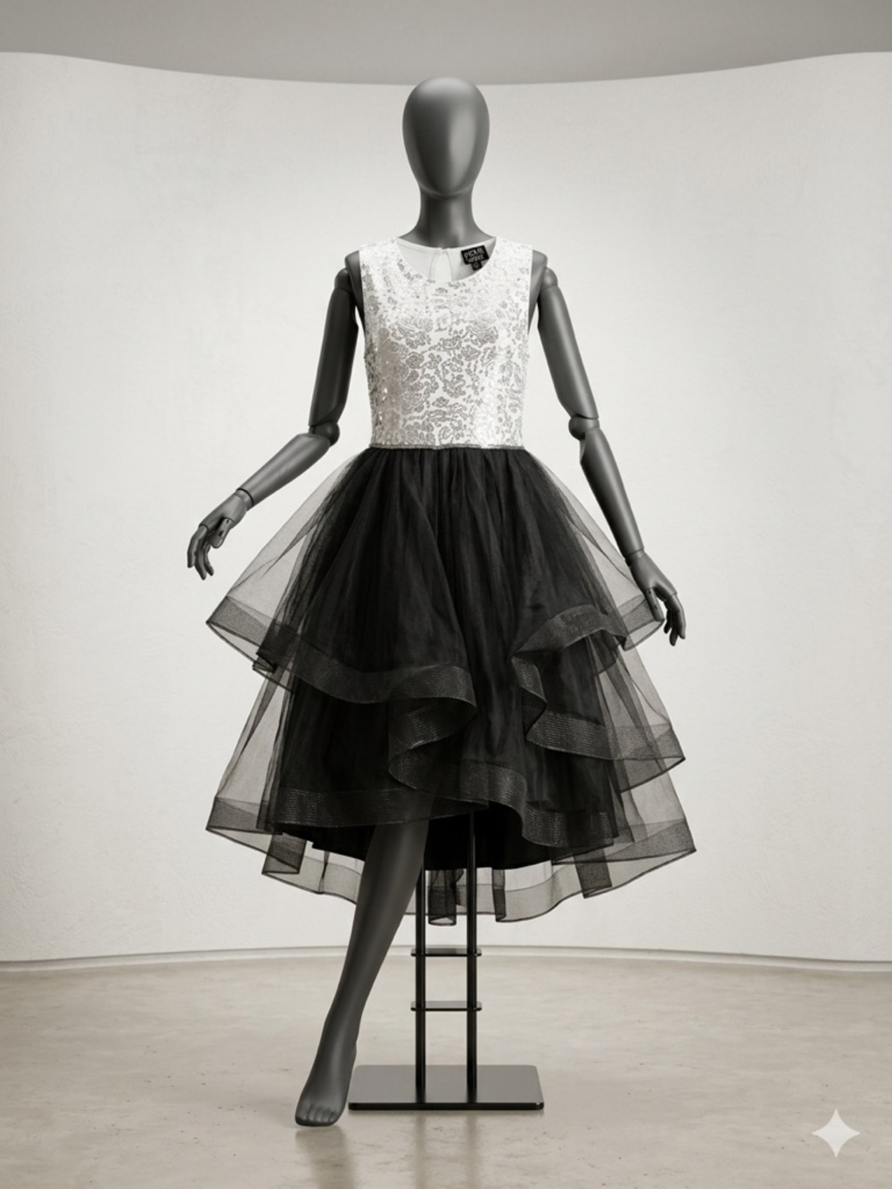 White Lace Bodice & Black Tulle High-Low Party Dress